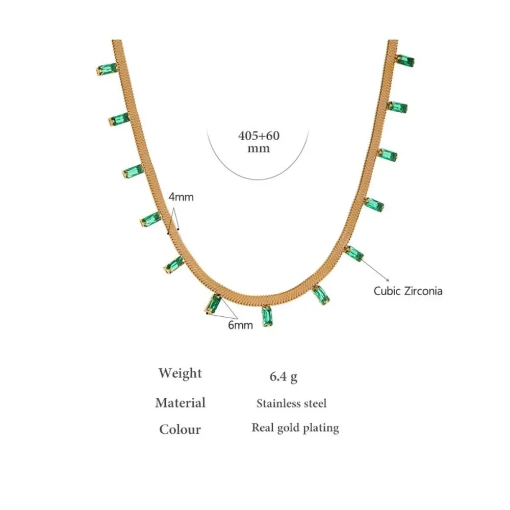 NEW 18K Gold Plated Green Baguette Stone Flat Herringbone Necklace - Picture 2 of 7